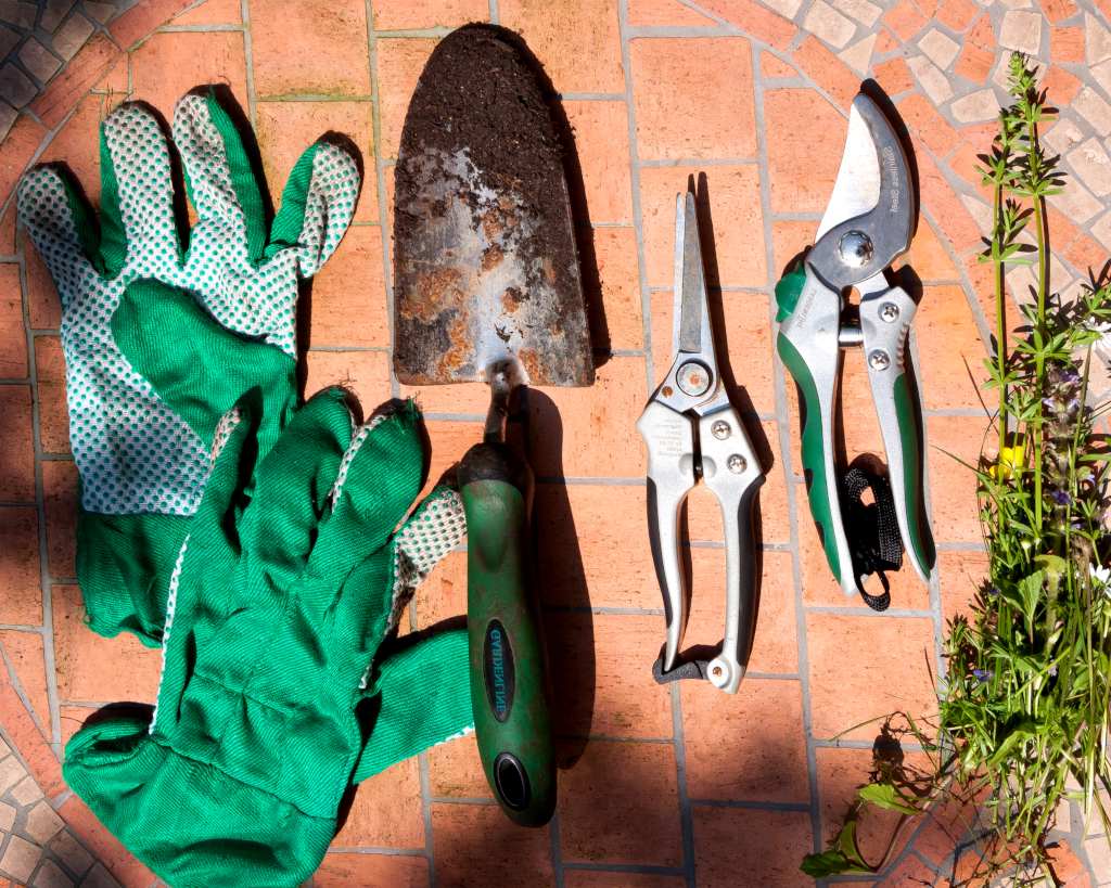 Gloves, a trowel, shears and a few picked weeds show all the tasks to get done in the garden in April.