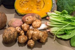 Jerusalem artichoke harvest with squash and other vegetables