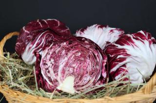 Red cabbage heads in a wicker basket with straw