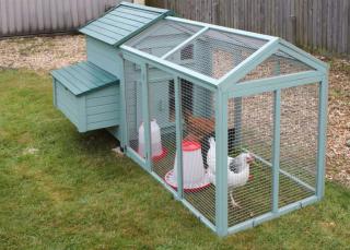 Chickens in a garden coop on a green lawn.