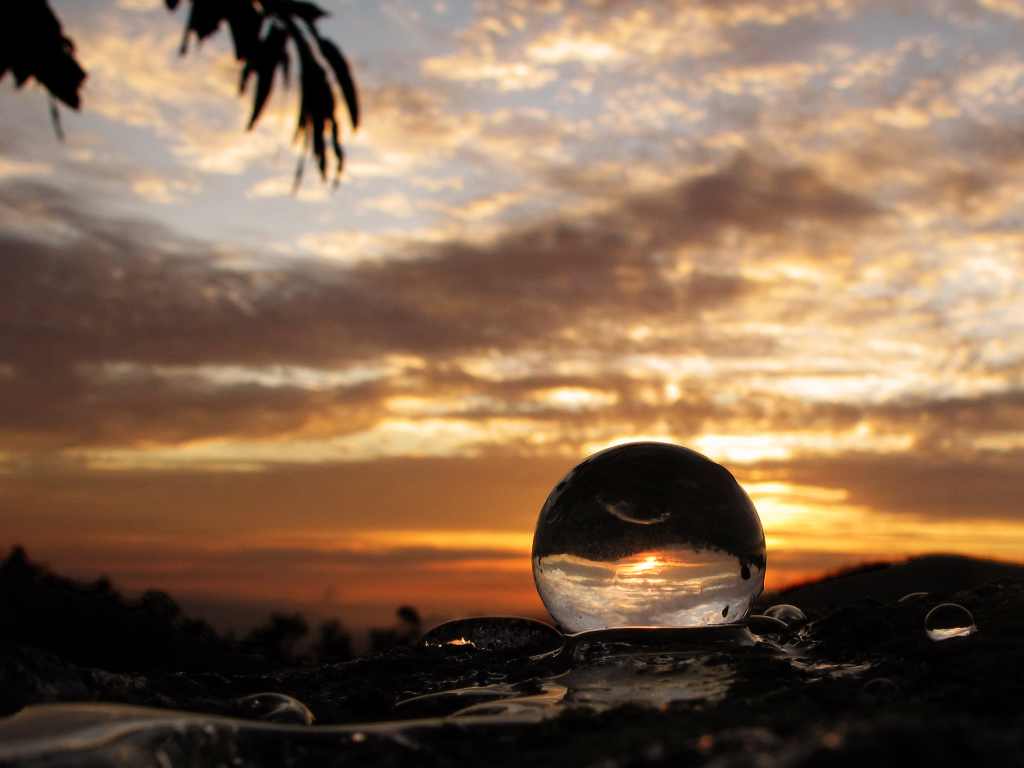 The sun is reflected in a swollen bead of hydrogel balls.