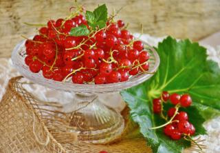 A glass bowl filled with red currant with a green leaf on the side with a sprig of red currant berries on top it.