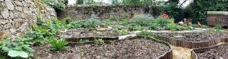 Pathways meander through the garden with growing beds and chickens in the background.