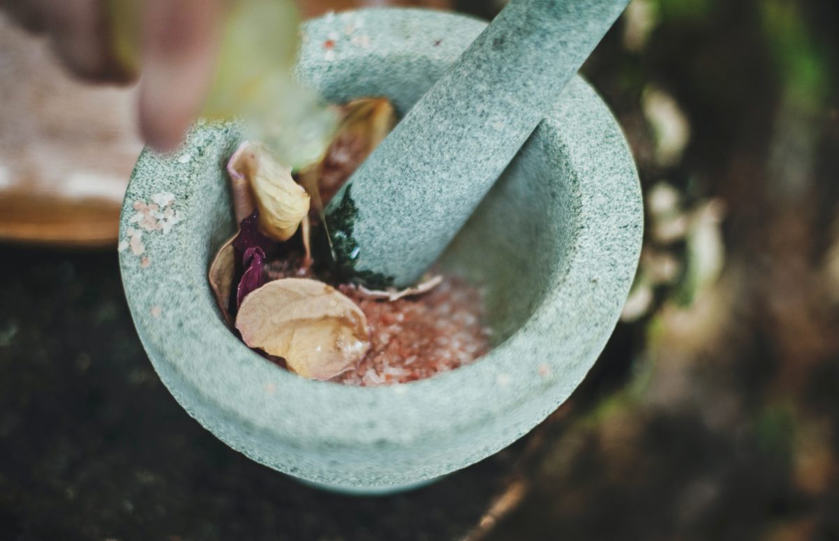 Mortar for crushing herbs used to treat umbilical hernia