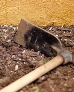 Soil and small hand hoe used for some topdressing applications