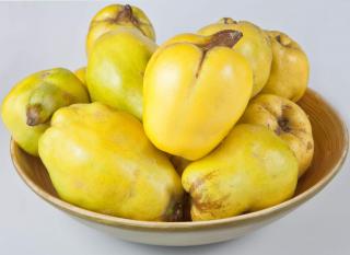 Quince fruit in a golden-lined bowl