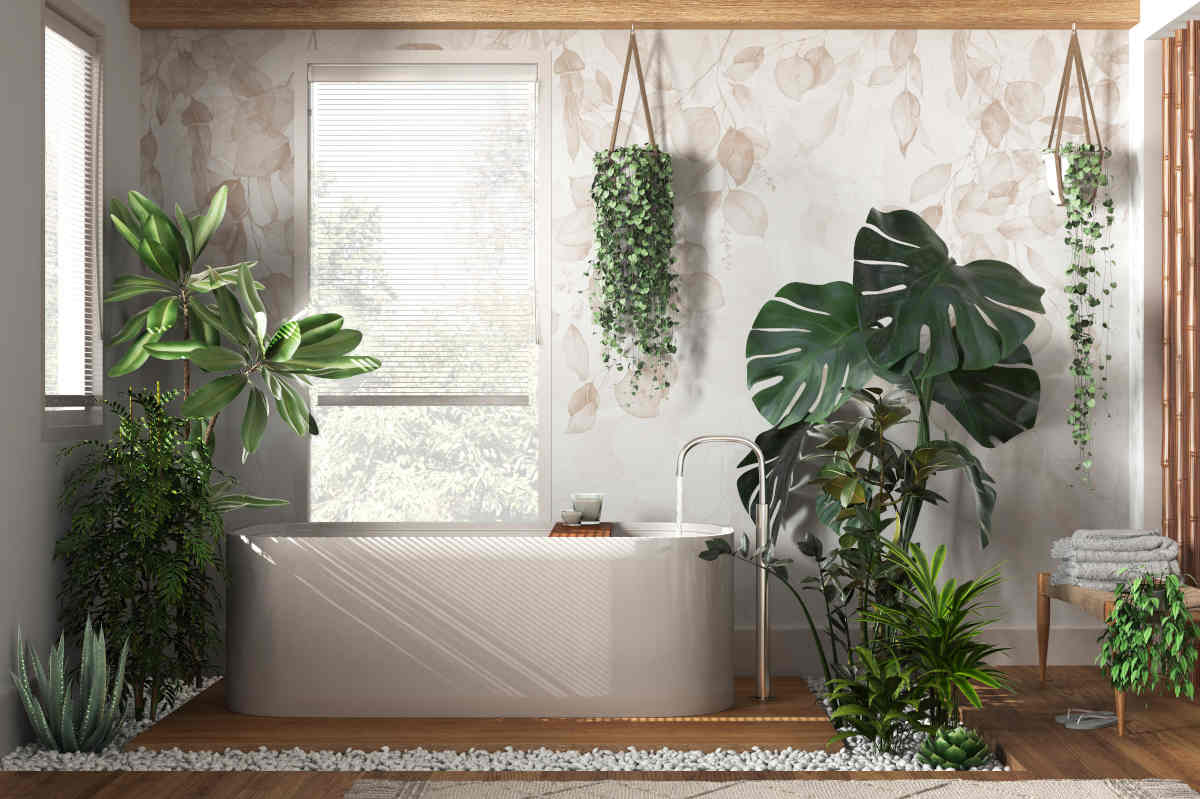 Plants for the bathroom, like this pothos around a shower