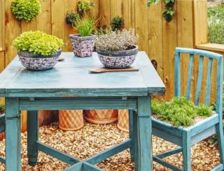 Blue wooden table in a small garden