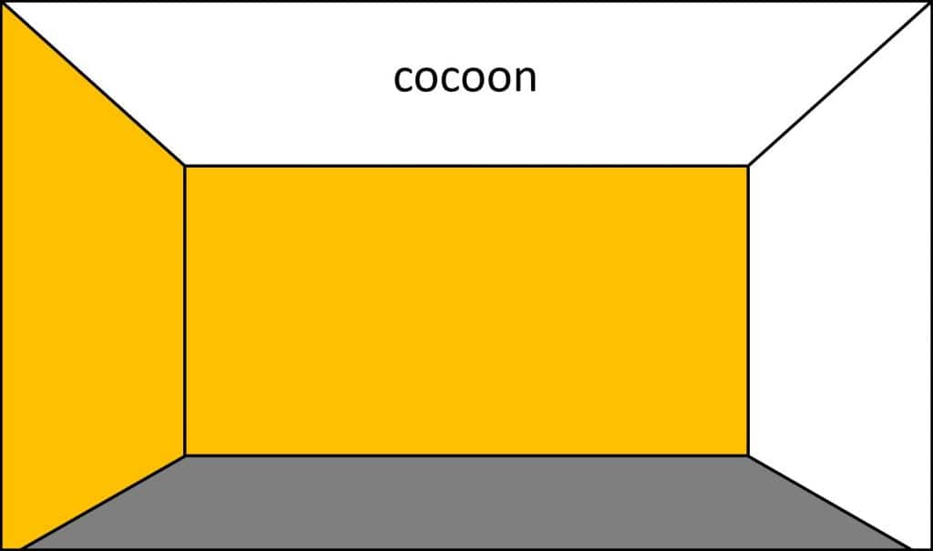 Sketch of a shaded courtyard, with color instructions to make it feel like a cozy cocoon