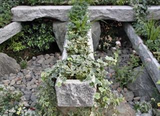 Stone ornaments and gravel with plants in a shaded courtyard