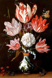 17th century painting of parrot tulips in a vase
