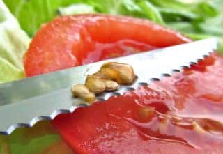 Tomato with a knife and seeds on it