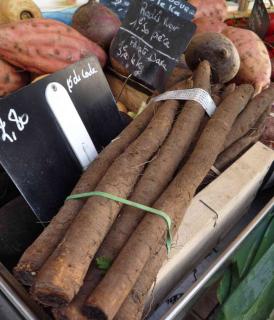 Salsify harvest on the market stall for sale