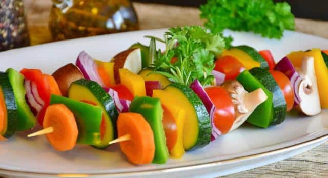 Cooking with savory is delicious, like the sprig on these vegetable kebabs