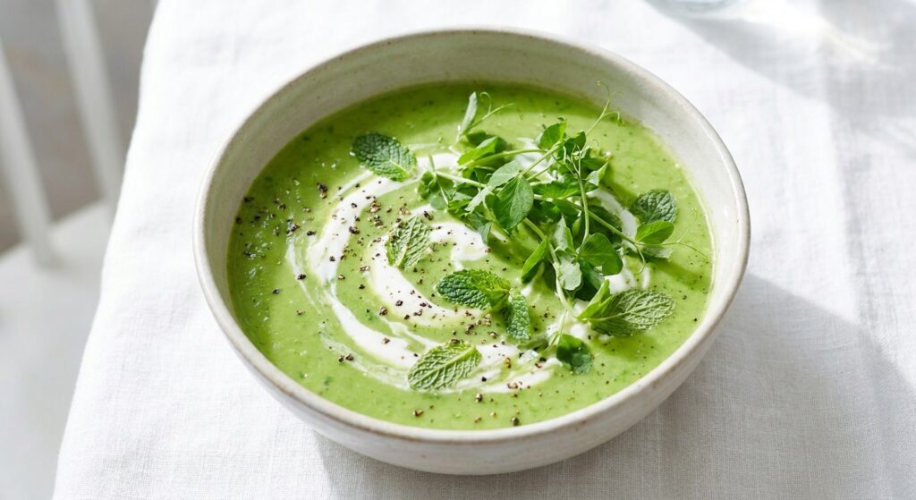 A vibrant green chilled pea and lettuce soup in a pale ceramic bowl, swirled with yogurt and scattered with fresh mint leaves and cracked pepper
