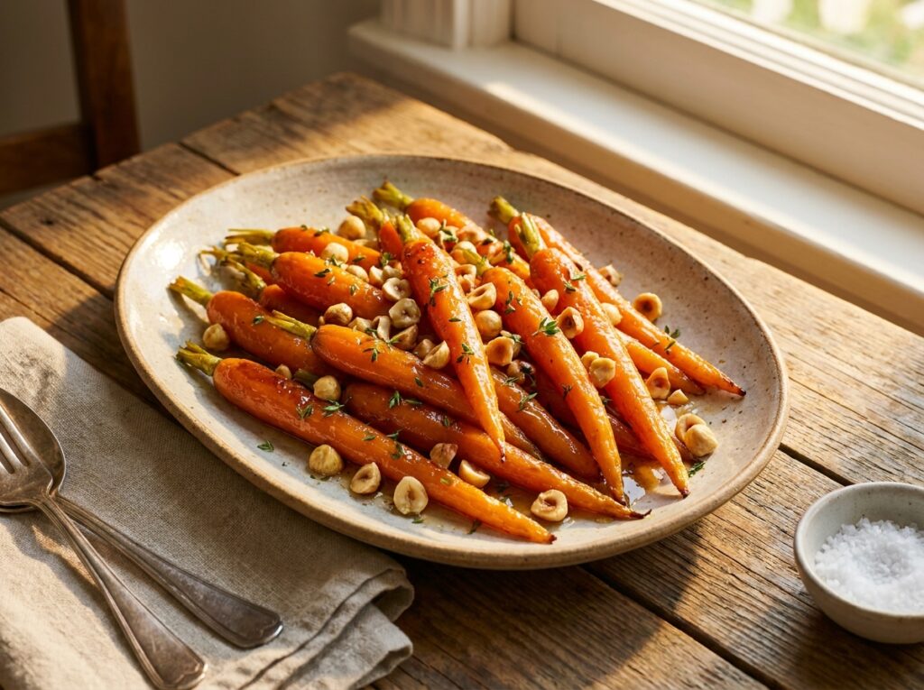 Glossy honey-glazed young carrots on a serving plate, scattered with golden chopped hazelnuts and fresh green thyme leaves, warm orange tones glistening