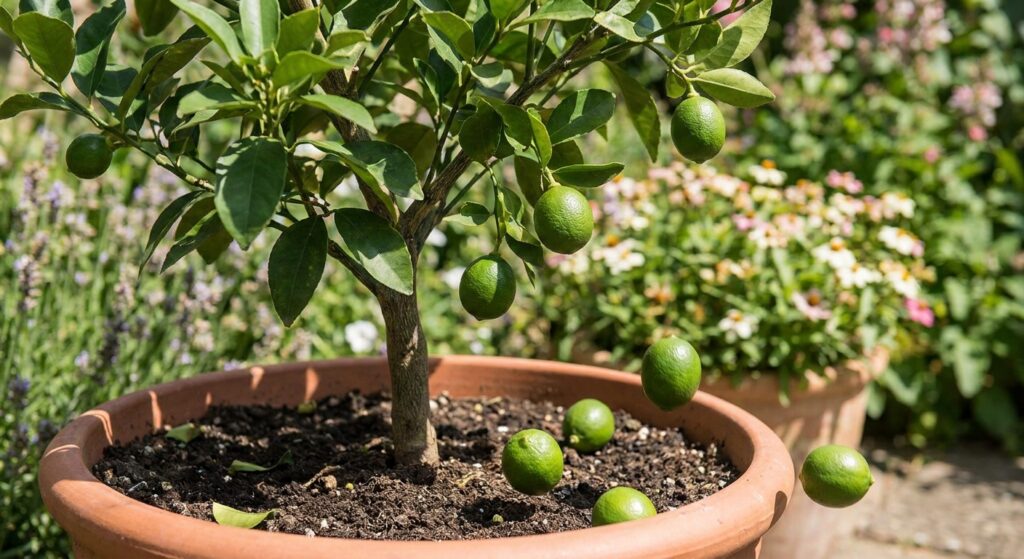 Close-up of small unripe limes falling from a potted lime tree in summer garden