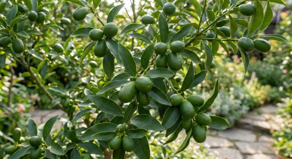 Kumquat tree branches covered in small green unripe fruits in summer garden
