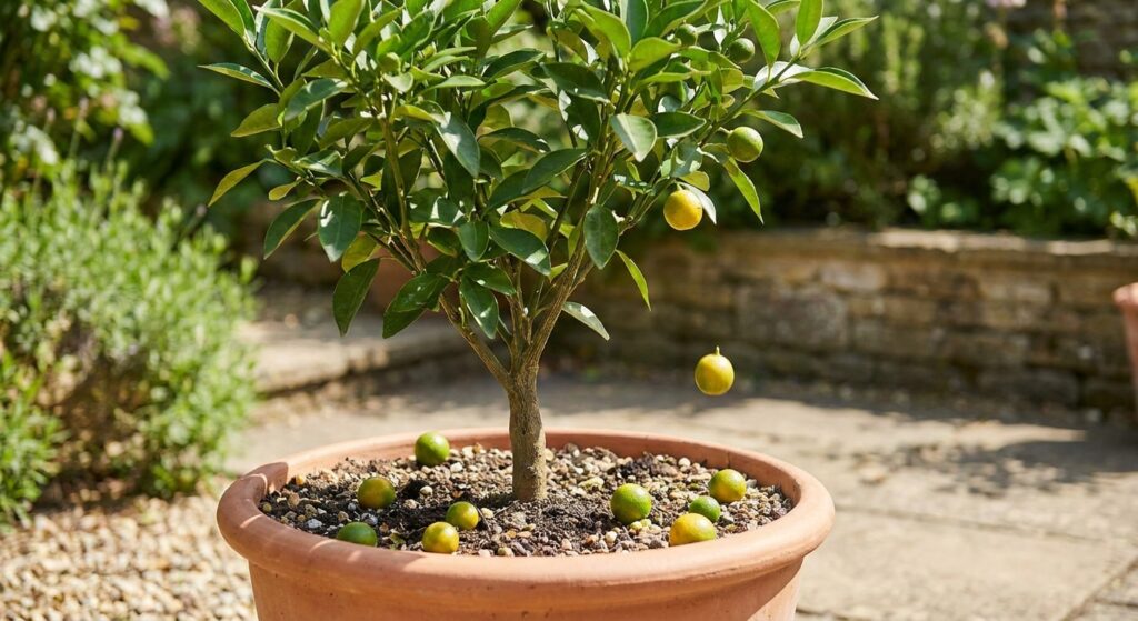 Small unripe orange fruitlets dropping from a potted orange tree in summer