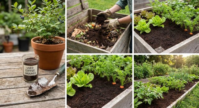 Small jar of used coffee grounds next to garden trowel and potted blueberry plant