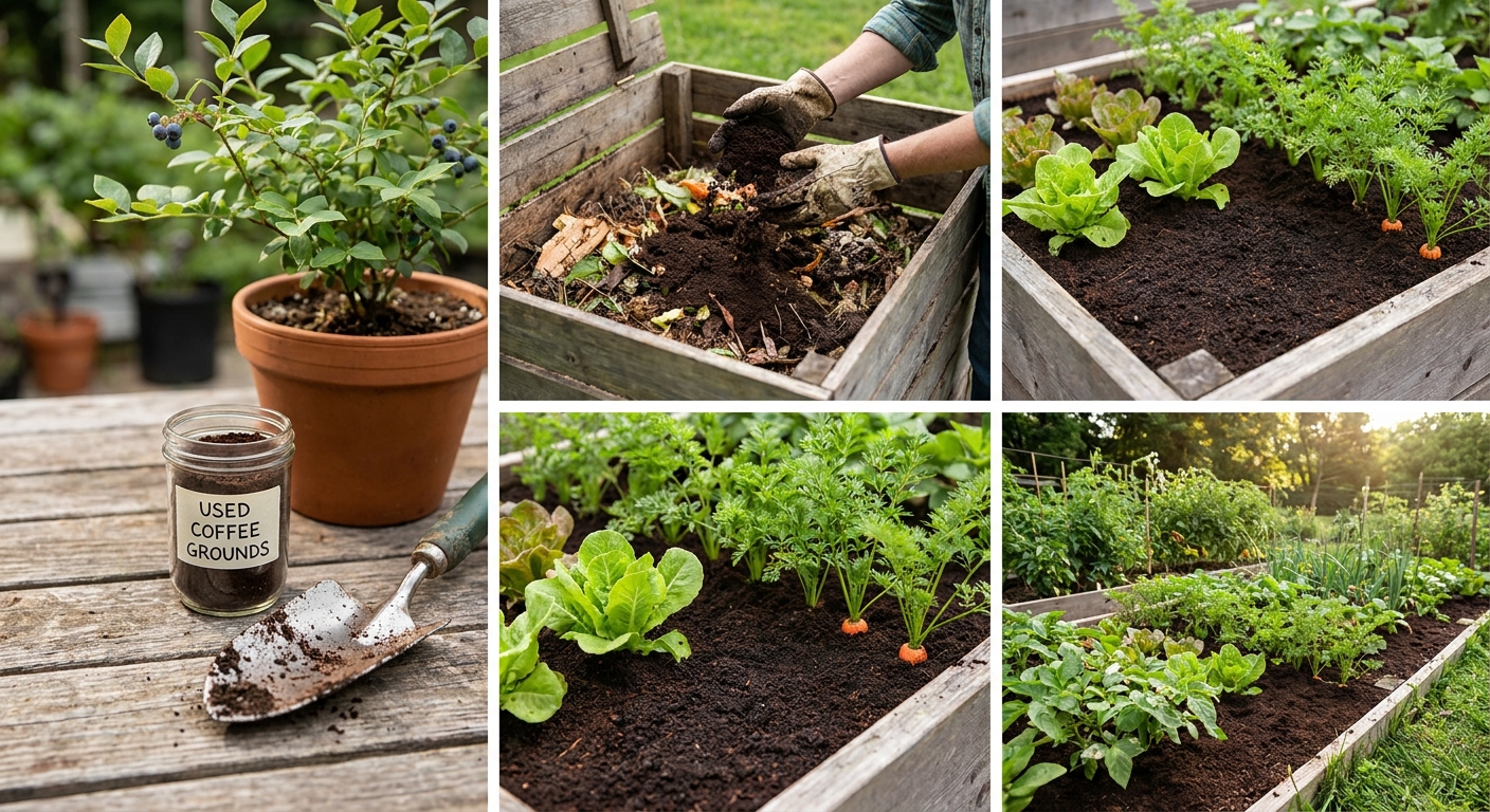 Small jar of used coffee grounds next to garden trowel and potted blueberry plant