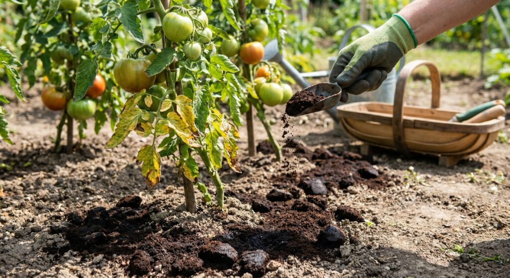 Gardener sprinkling used coffee grounds around tomato plants in summer garden bed