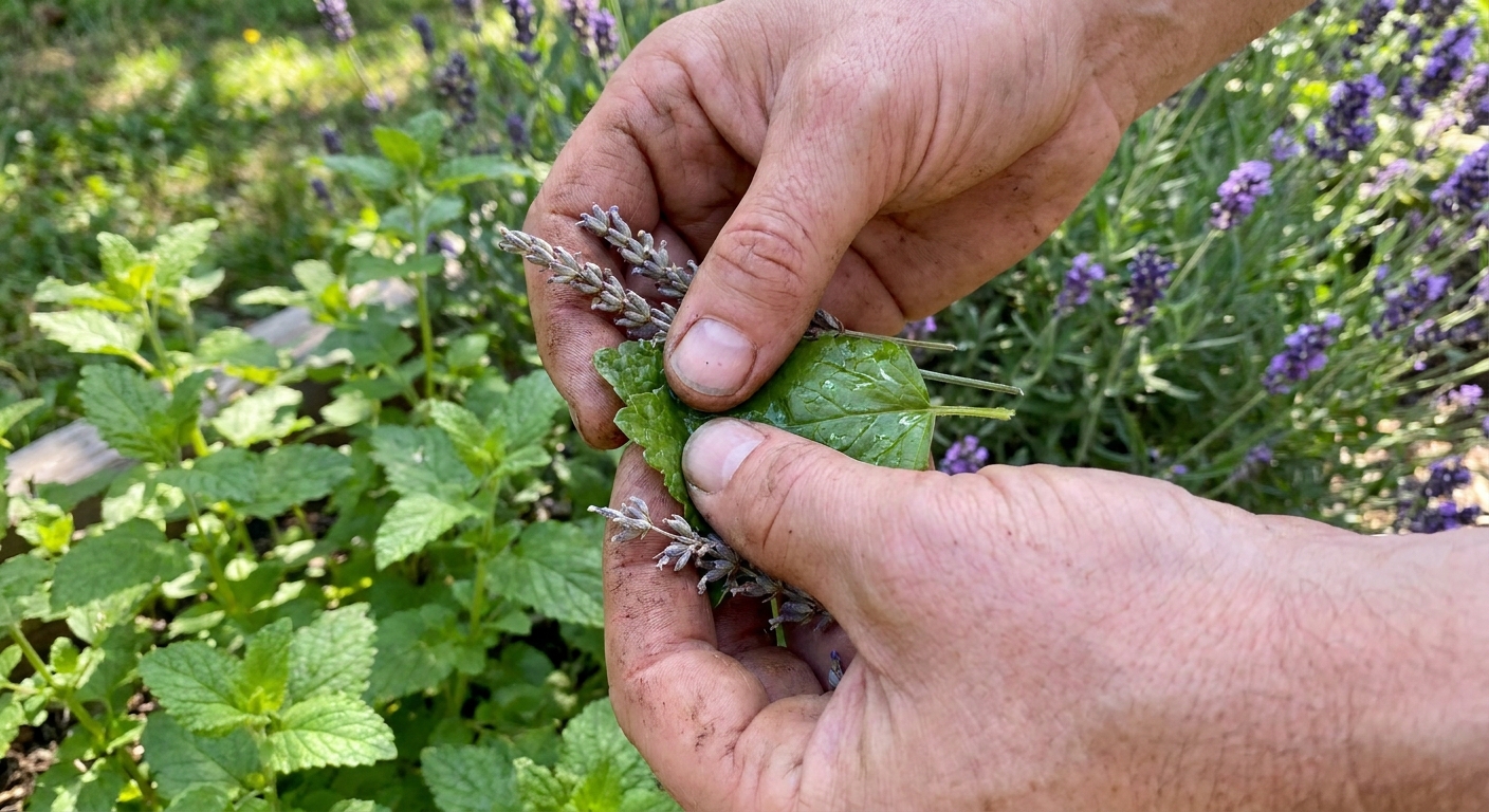 Hands crushing fresh lemon balm leaves releasing essential oils outdoors