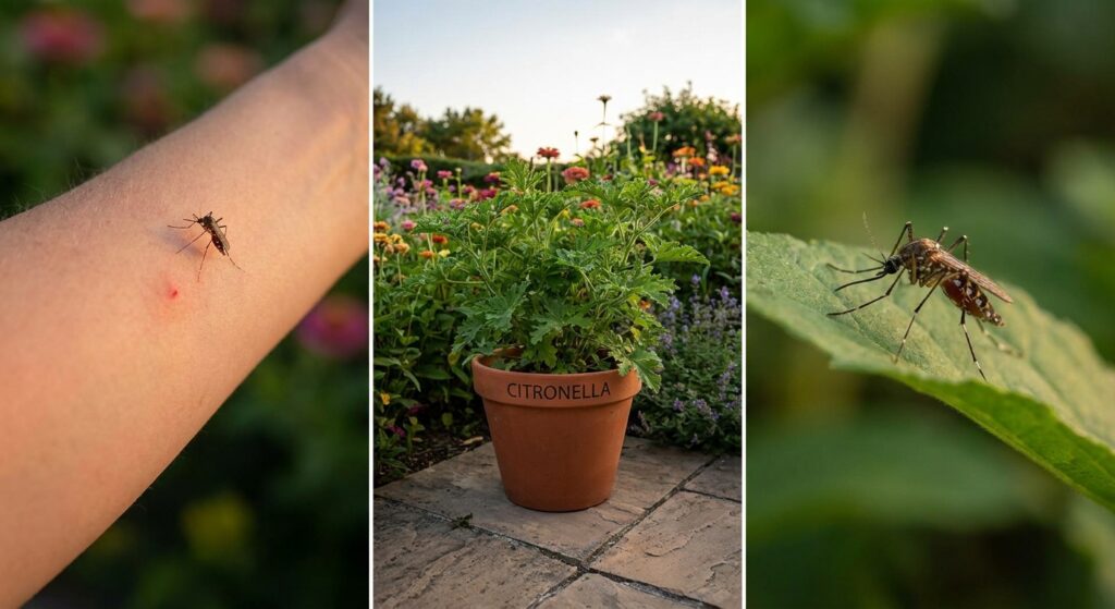 Mosquito landing on a human arm in a summer garden at dusk