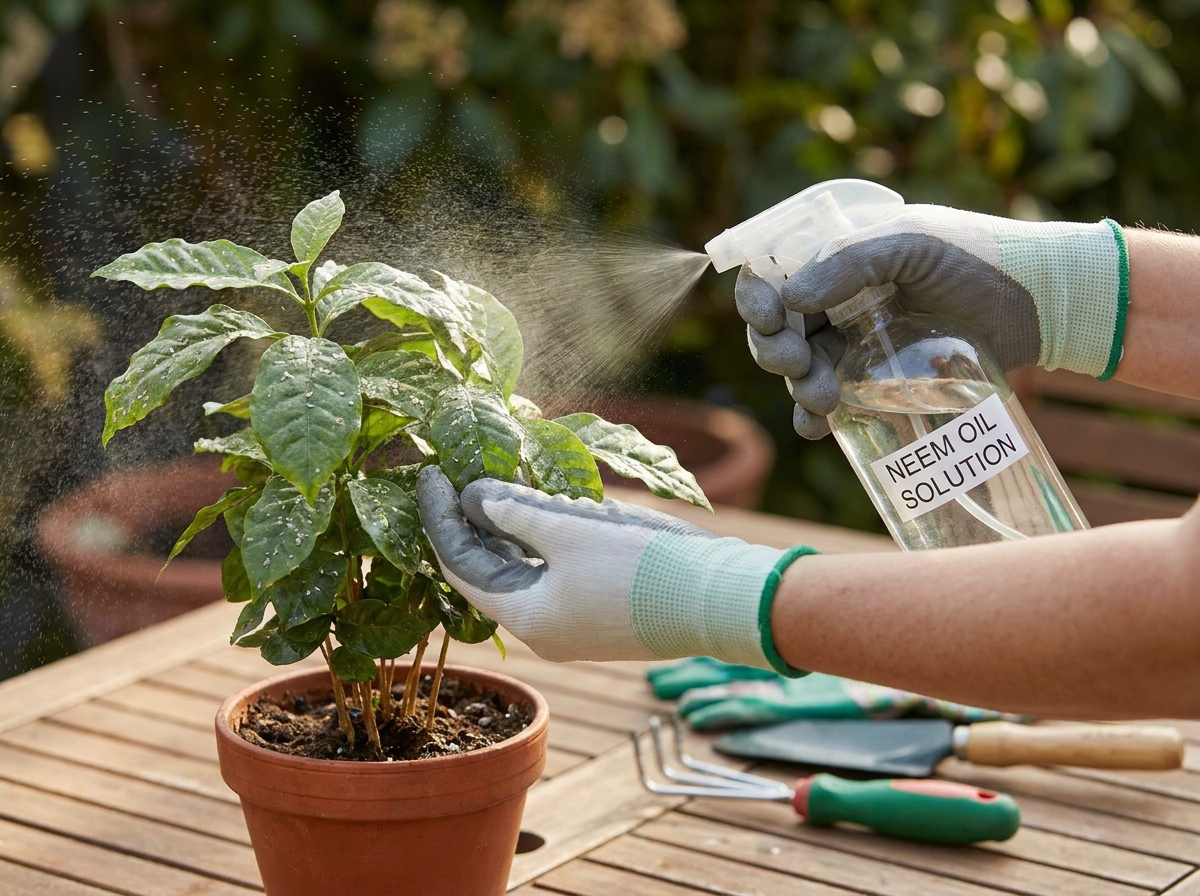 Gardener spraying neem oil solution onto infested indoor plant leaves