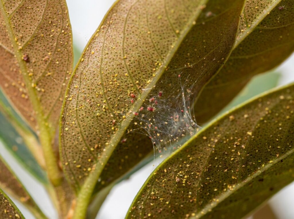 Close-up of red spider mite damage and webbing on plant leaves