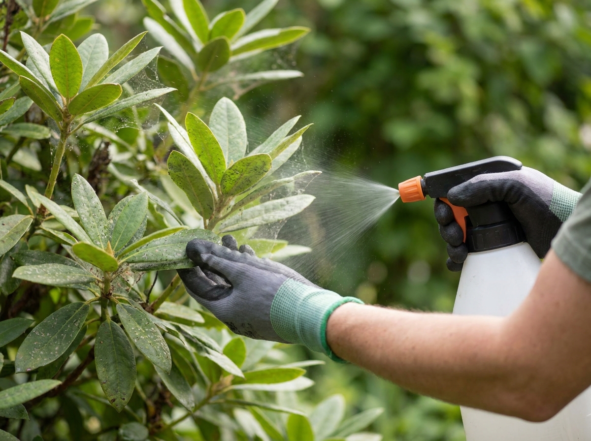 Gardener misting plant leaves to treat spider mite infestation