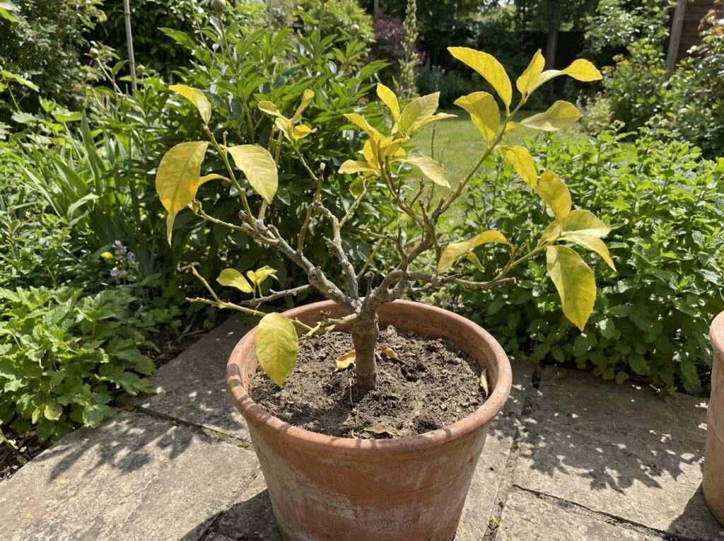 Potted lemon tree with stunted growth and yellowing leaves in June