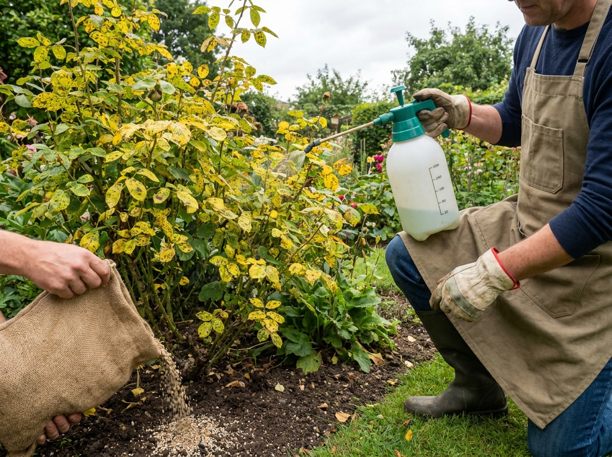 Gardener treating rose bush with foliar spray to fix yellowing leaves