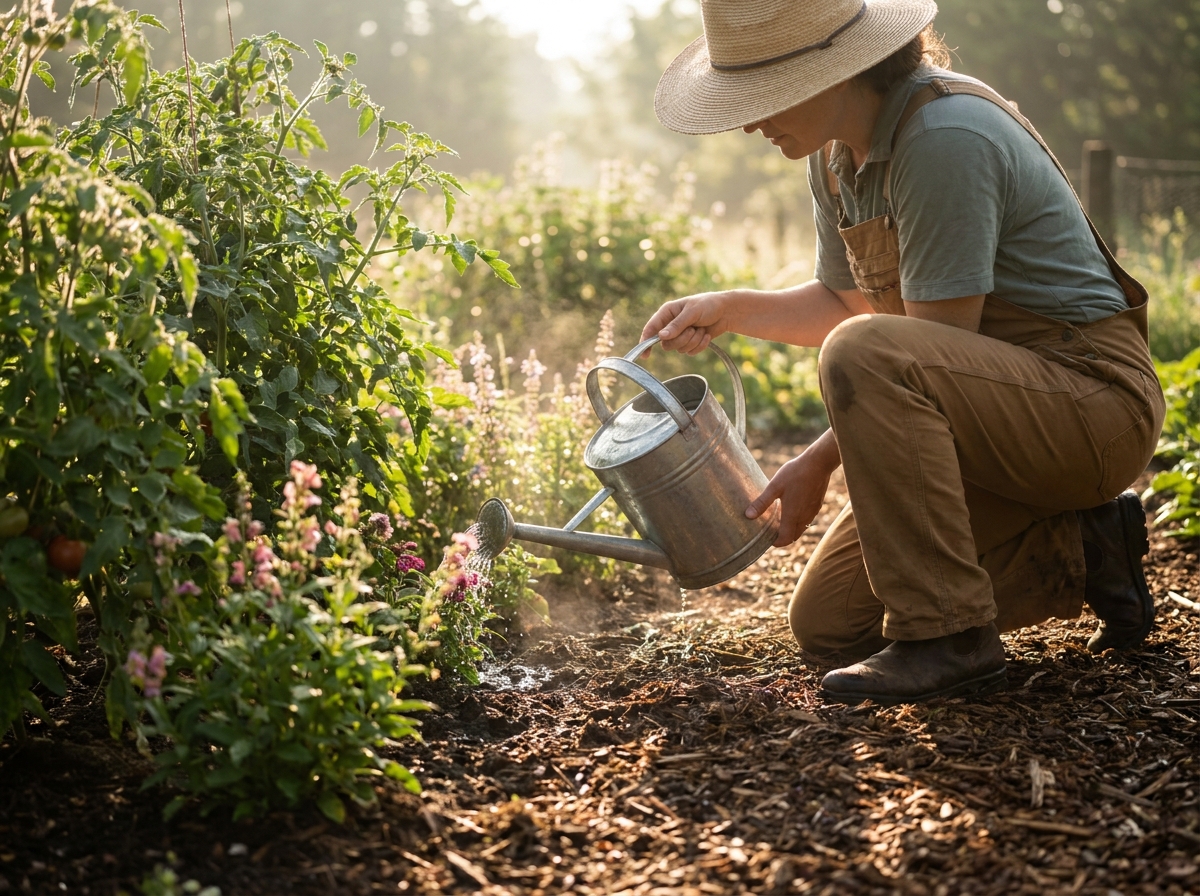 Gardener watering plants at soil level in early morning garden