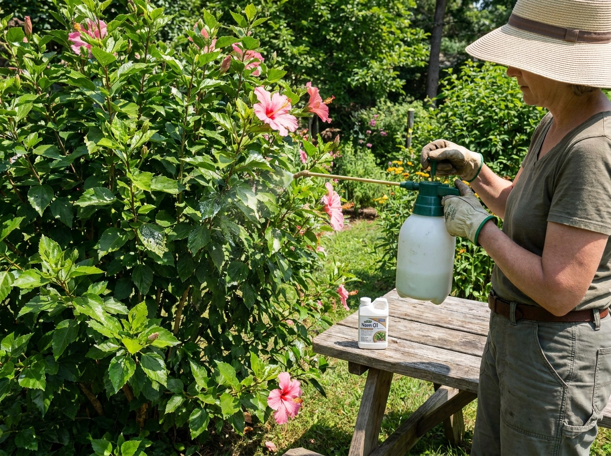 Gardener spraying neem oil solution onto hibiscus leaves outdoors in summer