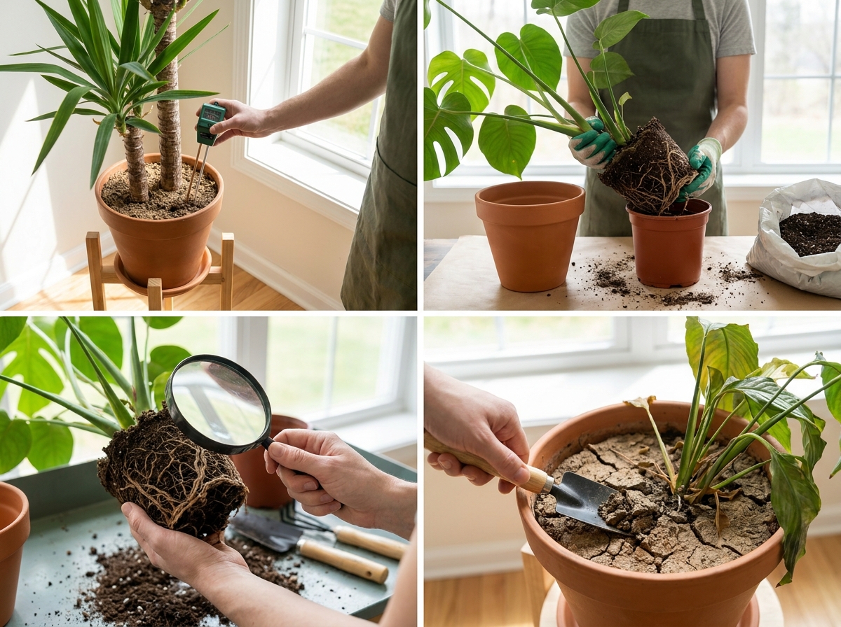 Gardener checking soil moisture of a potted yucca plant indoors