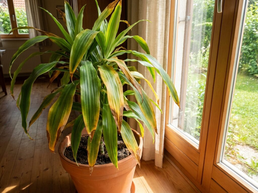 Yellowing dracaena leaves on a houseplant near a sunny window in summer
