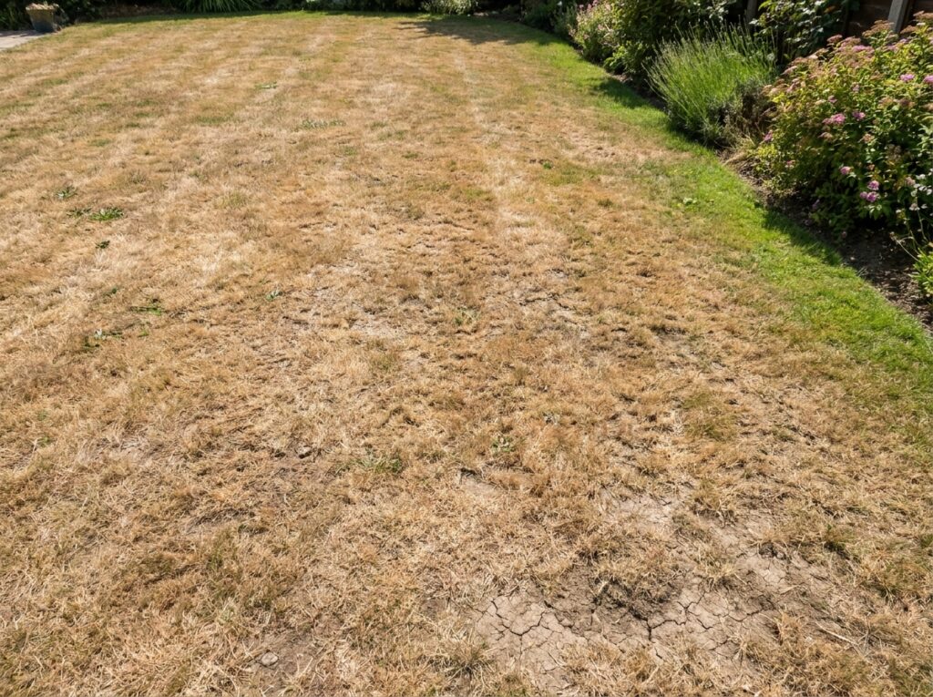 Patchy brown drought-stressed lawn in summer heat next to green grass edges