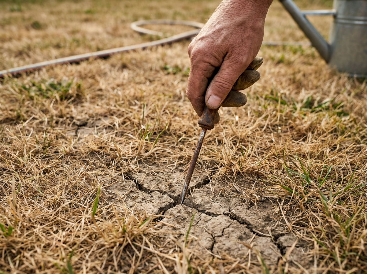 Gardener probing dry cracked soil in a brown lawn with a screwdriver