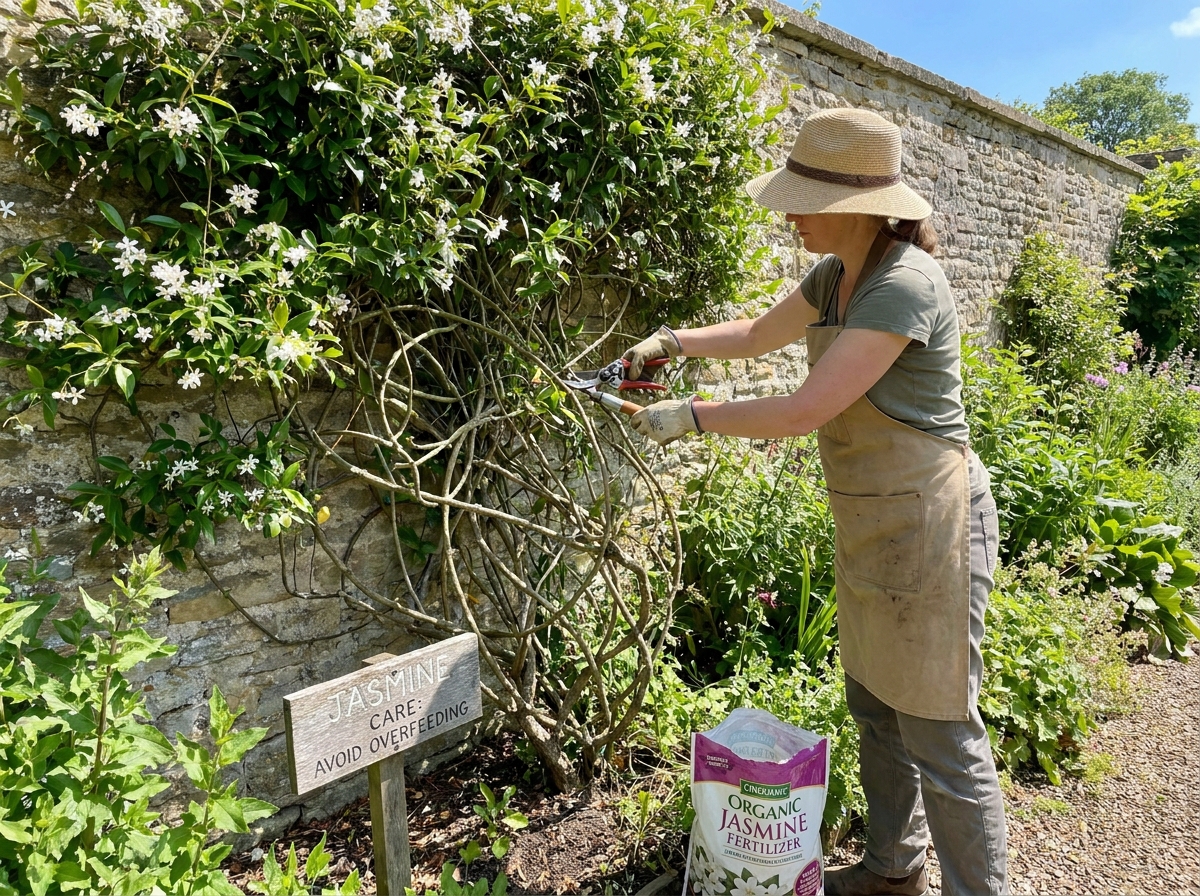 Gardener pruning overgrown jasmine stems on a sunny summer morning