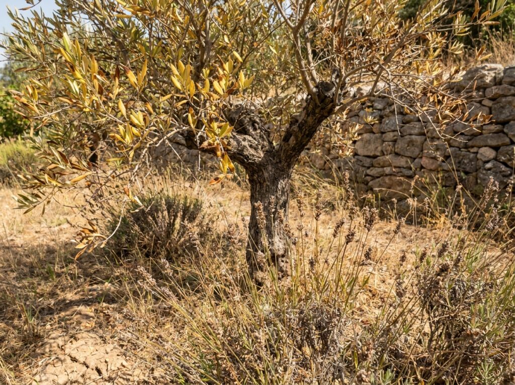 Olive tree with scorched yellowing leaves showing early xylella fastidiosa symptoms in summer
