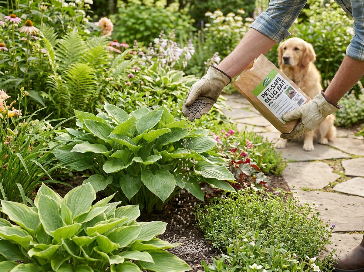 Gardener applying iron phosphate slug bait around hostas in a summer garden bed