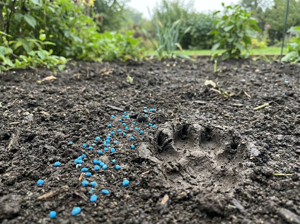 Blue metaldehyde slug pellets scattered on soil next to a dog paw print in a garden