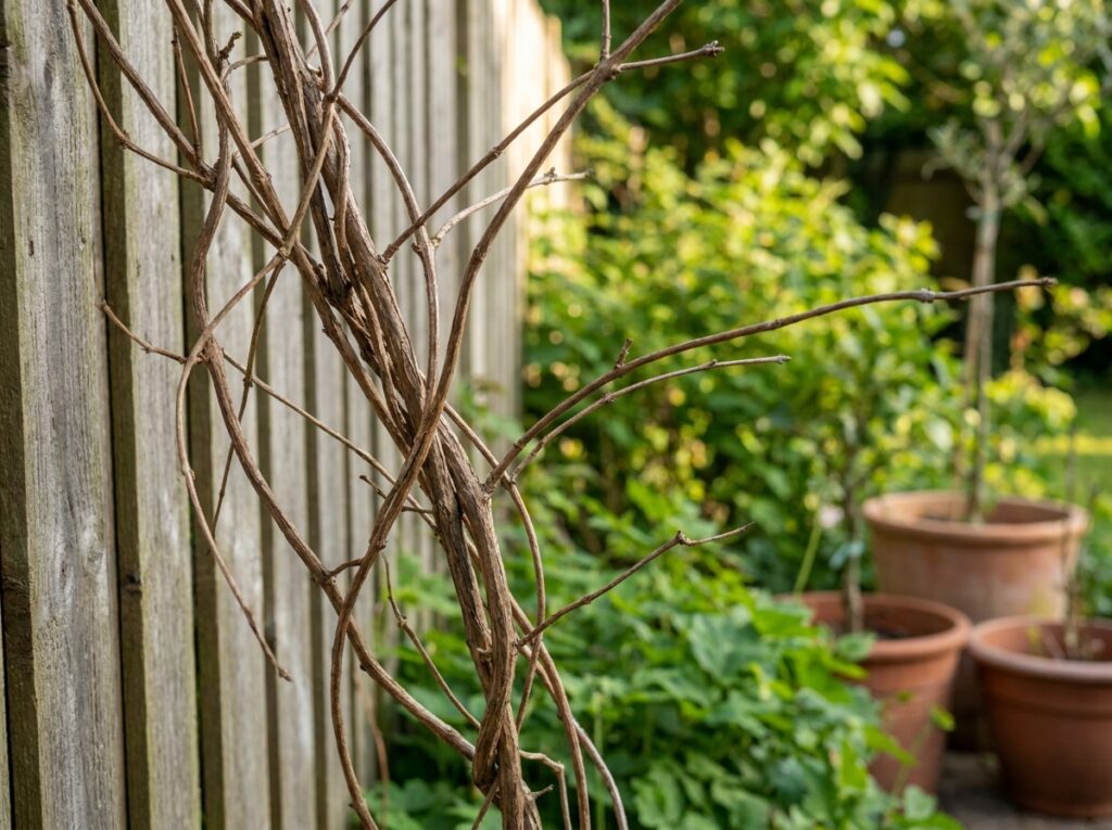 Jasmine vine with bare stems and no flowers in summer garden against fence