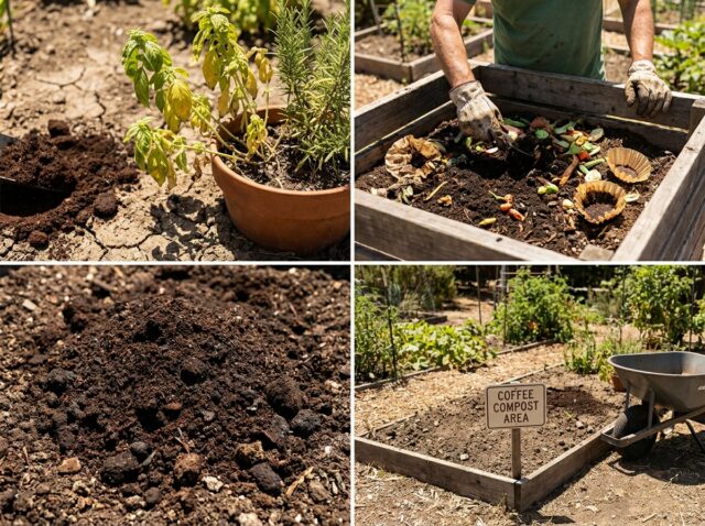 Close-up of coffee grounds mixed into dry soil beside wilting herb plants in heat
