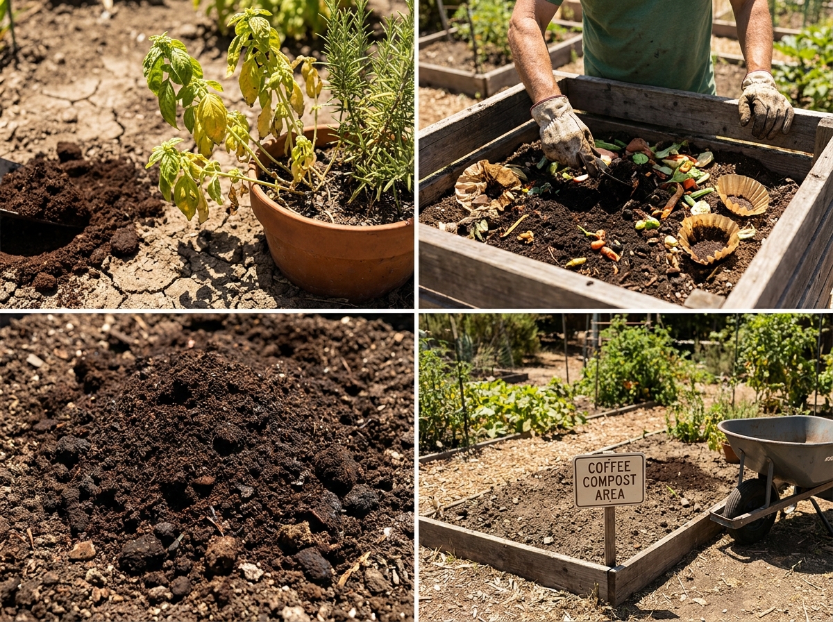 Close-up of coffee grounds mixed into dry soil beside wilting herb plants in heat
