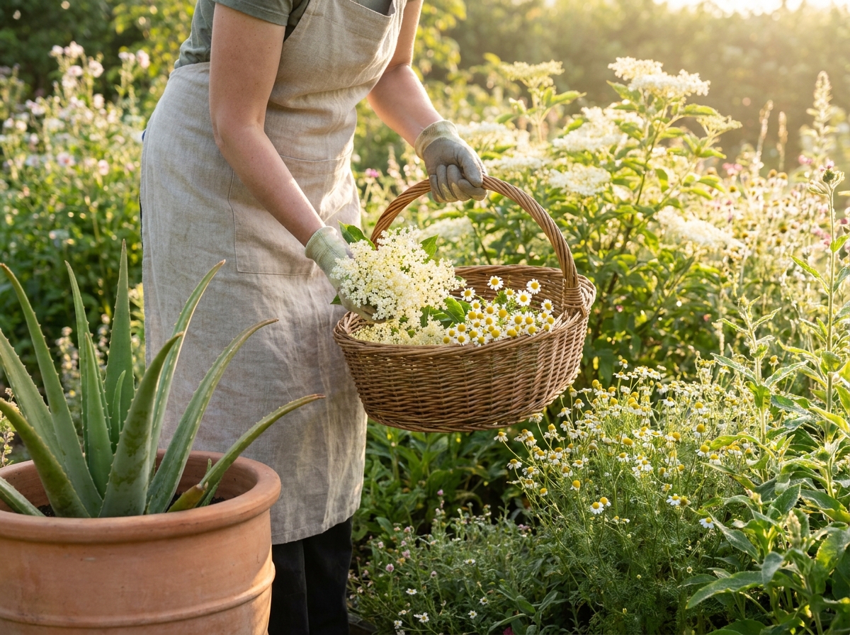 Gardener harvesting elderberry flowers and chamomile heads into a basket in morning sunlight