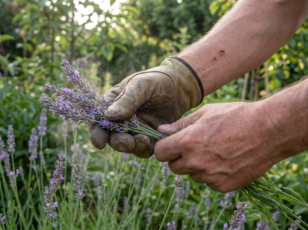 Gardener crushing lavender stems between fingers to release scent outdoors