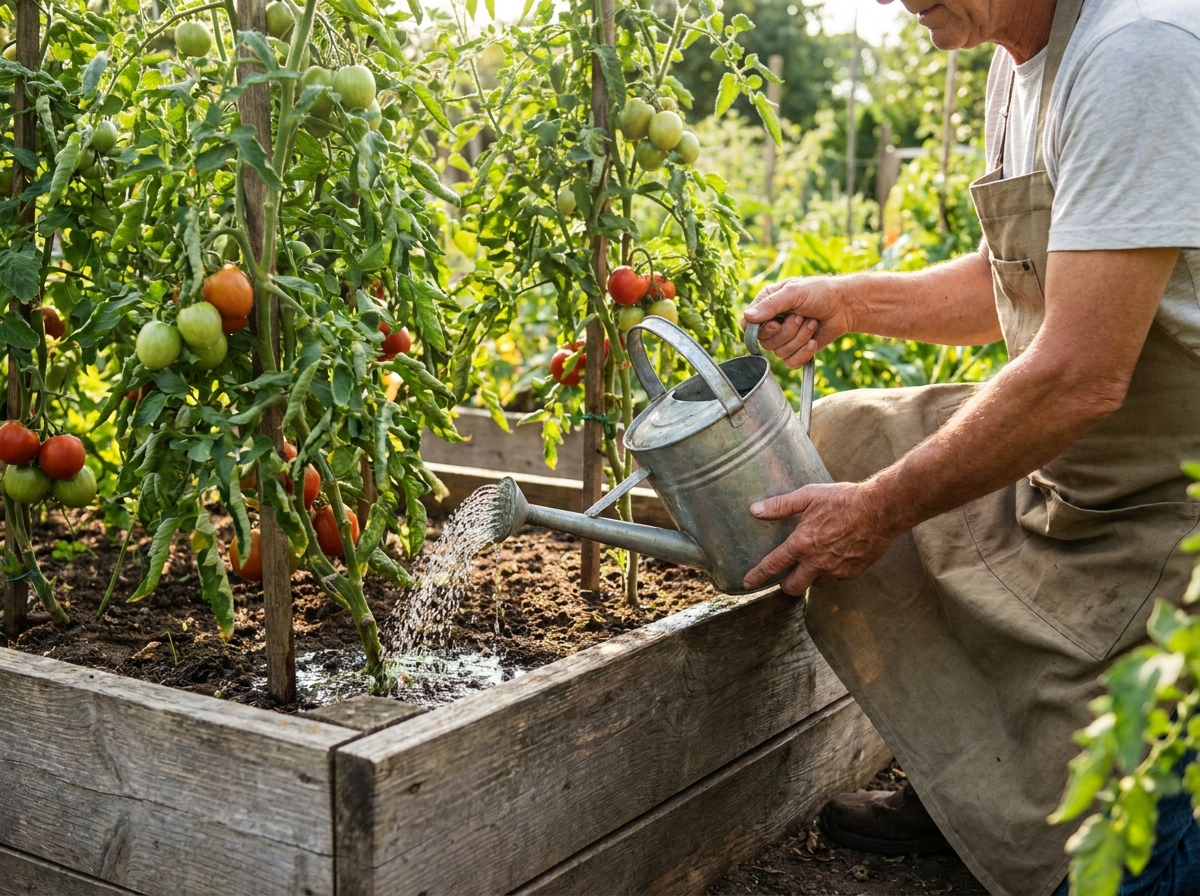 Gardener watering tomato plants deeply at the base in raised beds