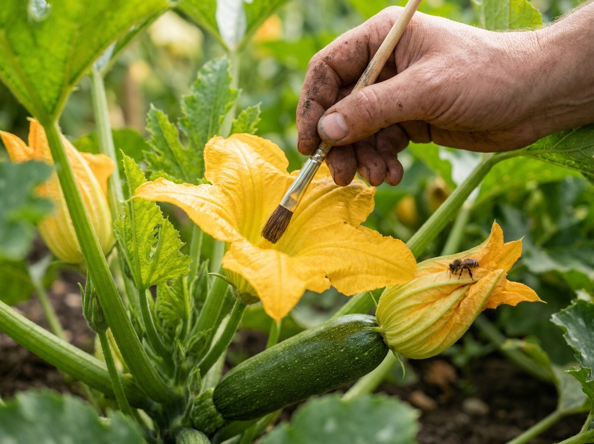 Gardener hand-pollinating a female courgette flower with a small paintbrush in summer